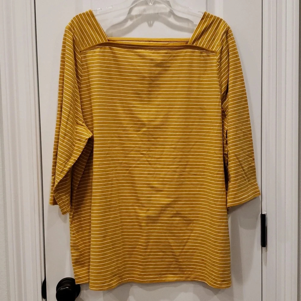 Square Neck Striped T-shirt Split Hem 3/4 Sleeve Tee Womens Plus Size 2X 20W 22W